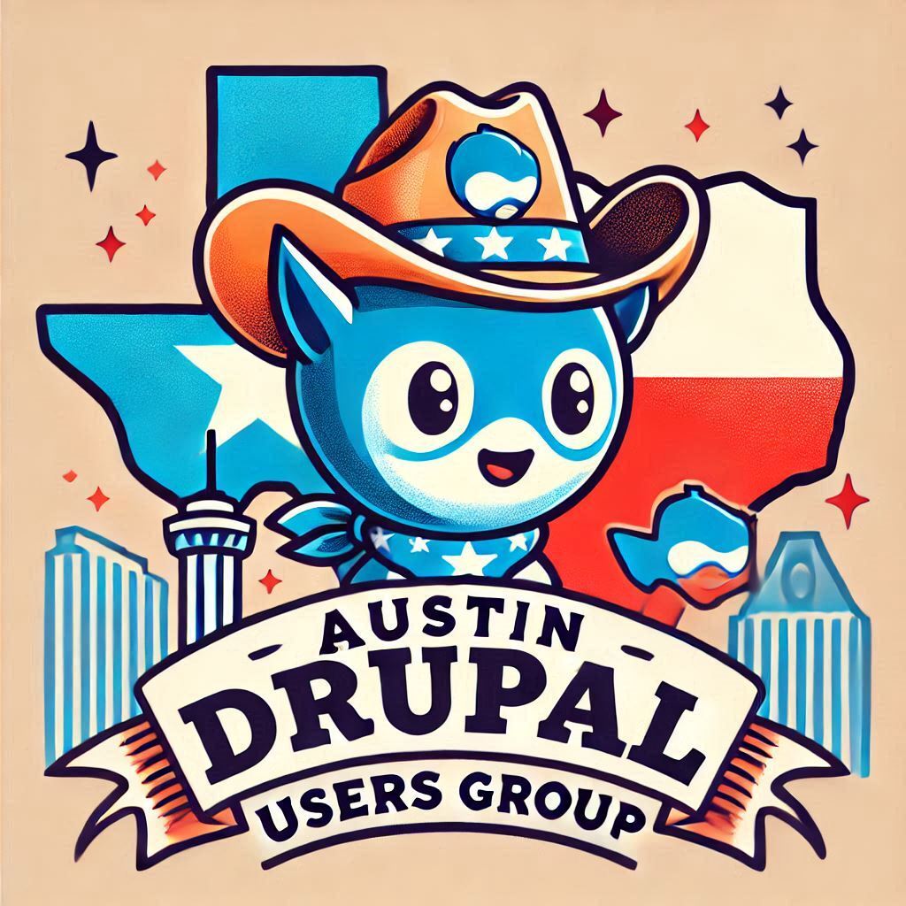 Austin Drupal Users Group logo with a Druplicon wearing a Texas style hat