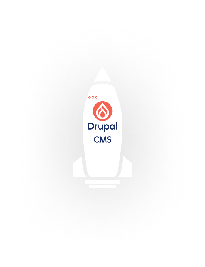 cohete blanco con texto Drupal CMS