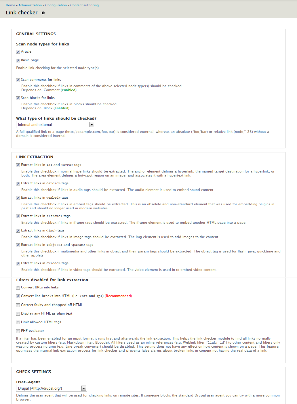 Link checker configuration UI