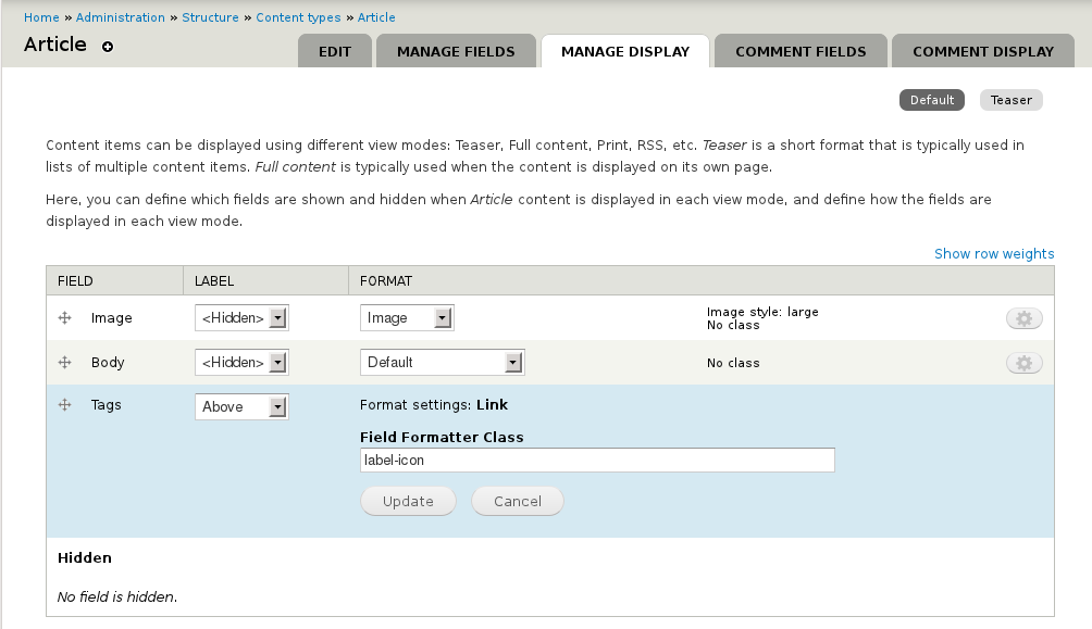 Field formatter class settings on the manage-display tab, showing a custom class being added to a term reference field.
