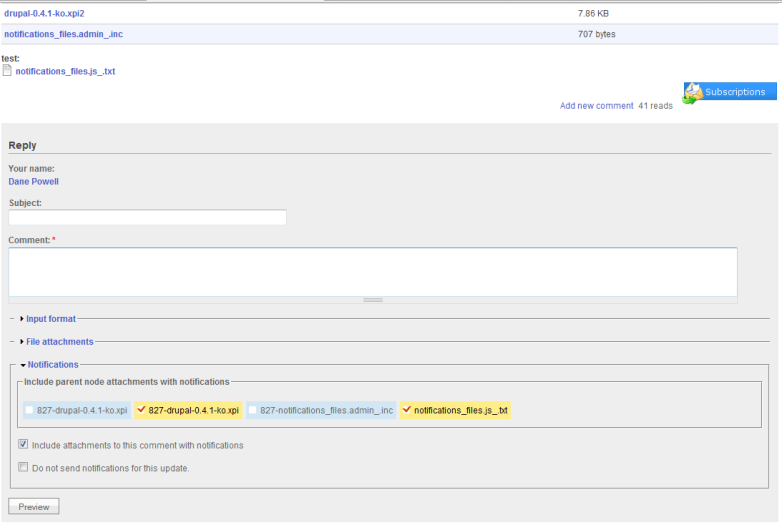 Notifications files interface for comments