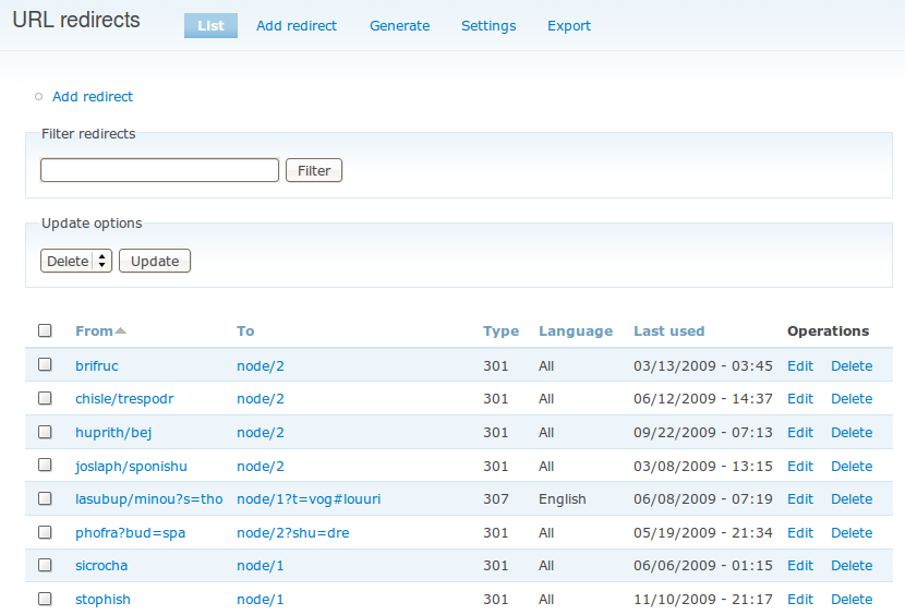 Path redirect listing page
