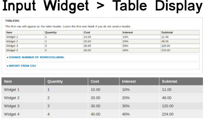 Input Widget > Table Display