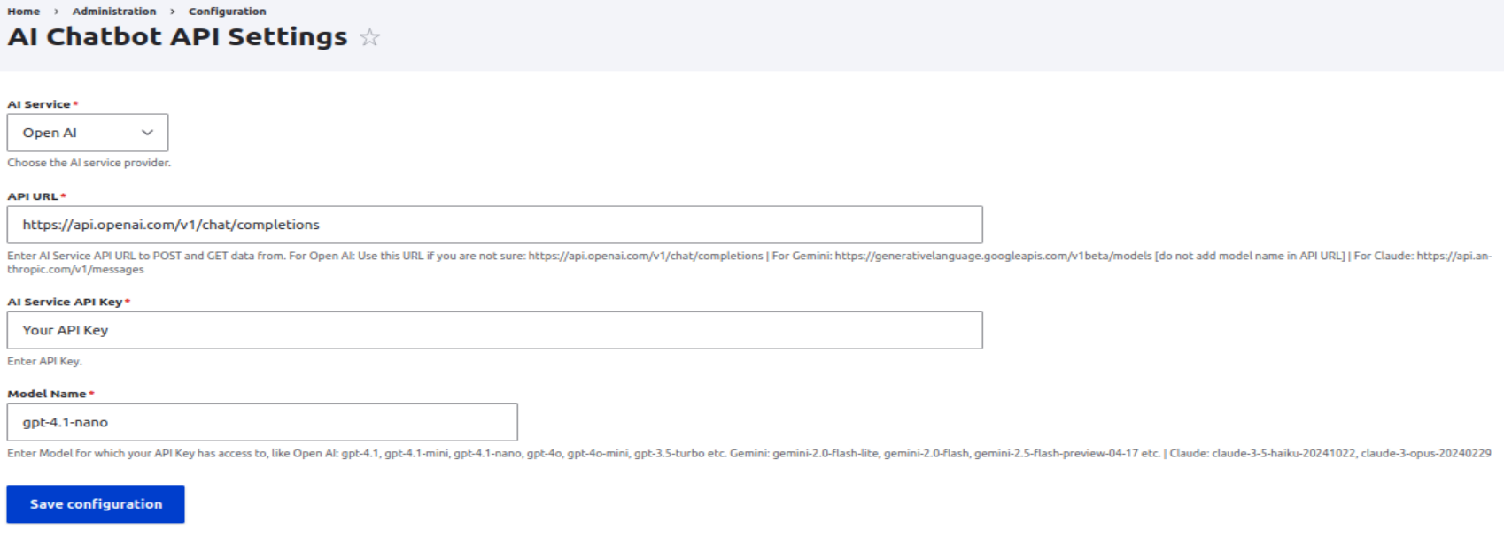 AI Chatbot API Settings