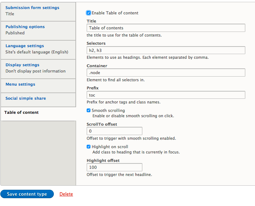 Toc.js settings per content type