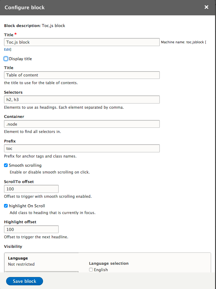Toc.js settings block