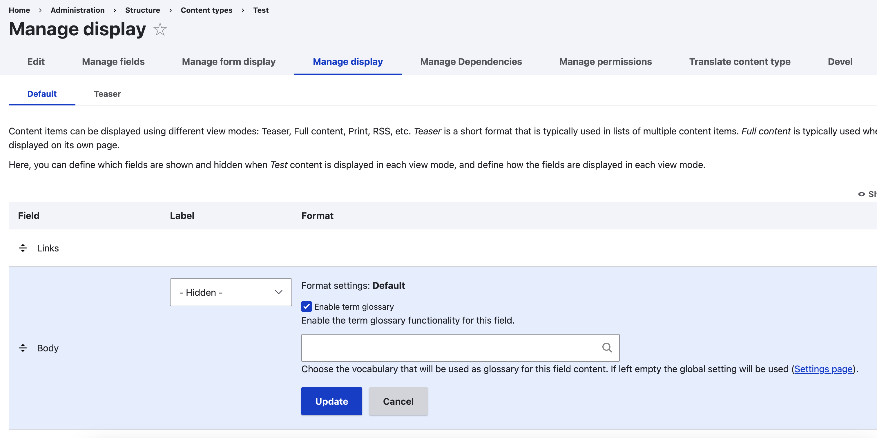 Text field display configuration