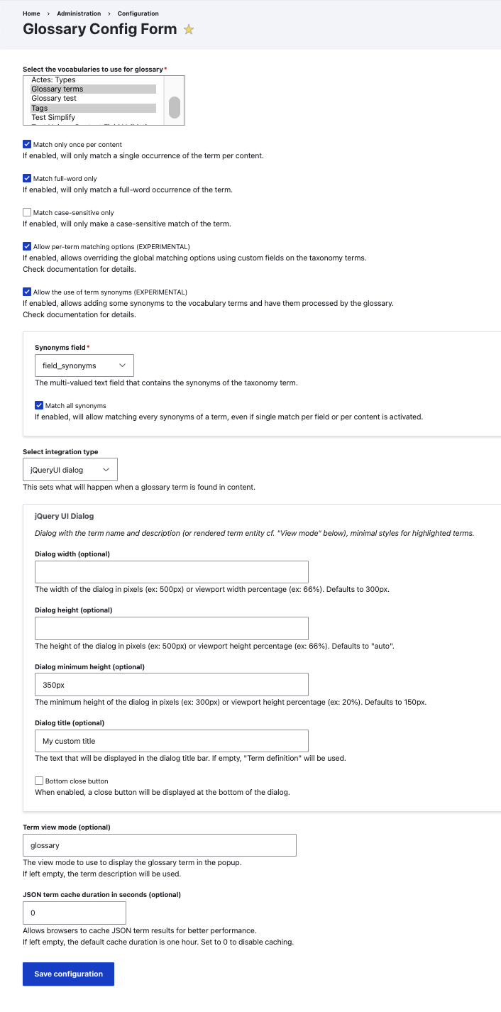 Taxonomy term glossary main configuration screen