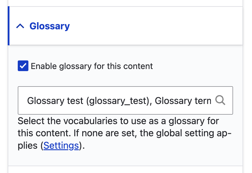 Taxonomy term glossary fieldset on node edit form