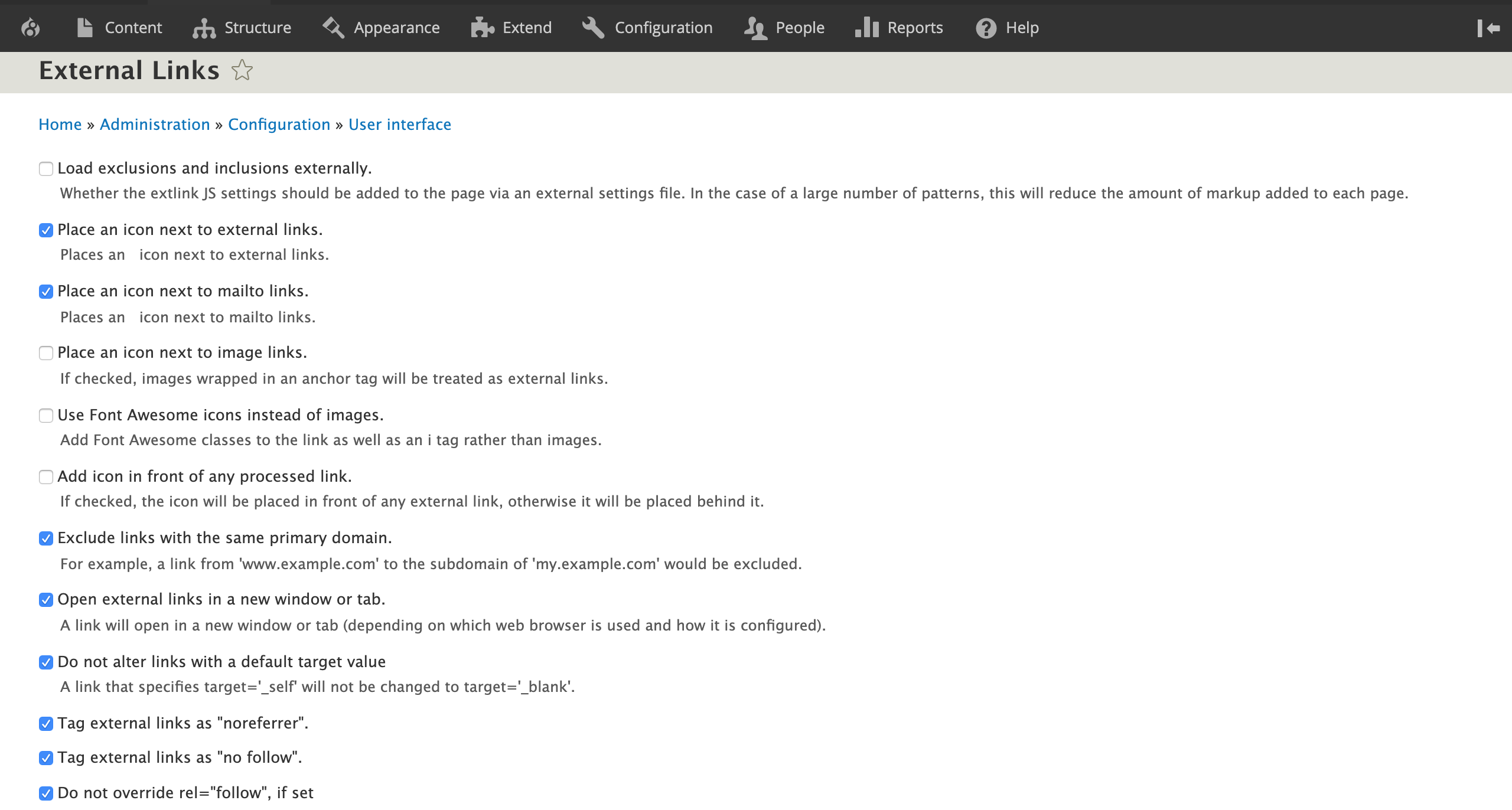 External Links Configuration