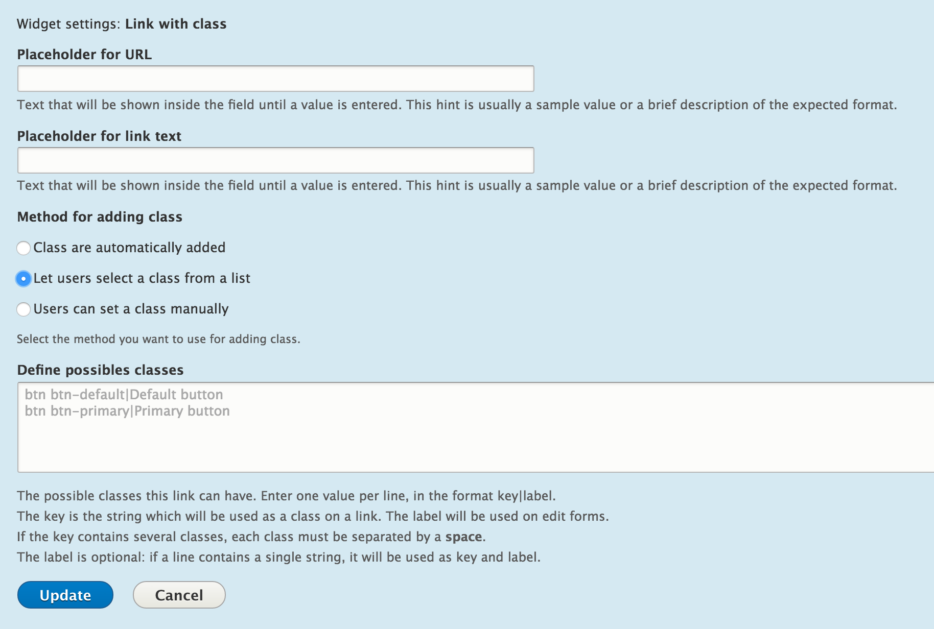 Select the class from a list to add to field link