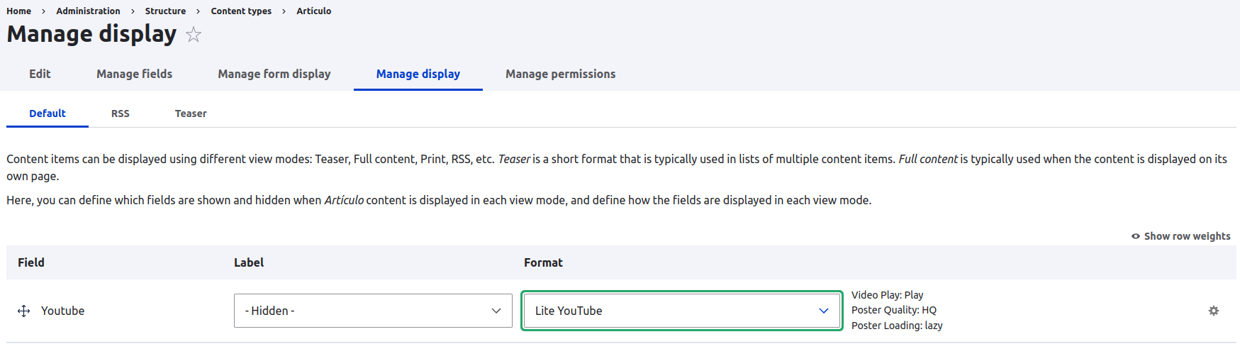 Manage display section
