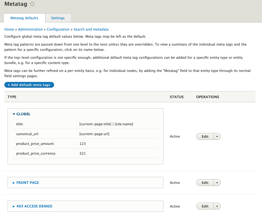Metatag config interface on Drupal 8.