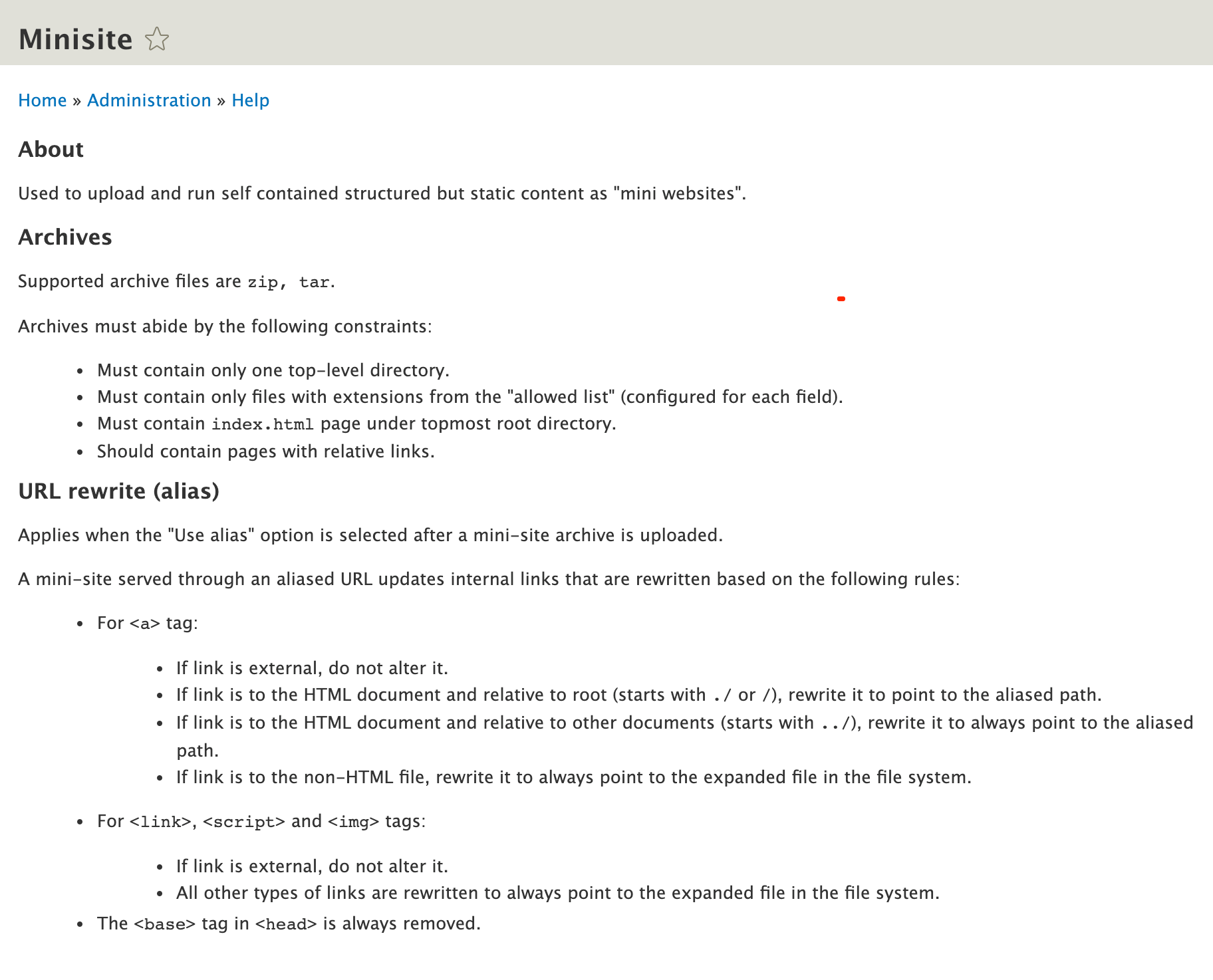 Screenshot of Minisite Help page