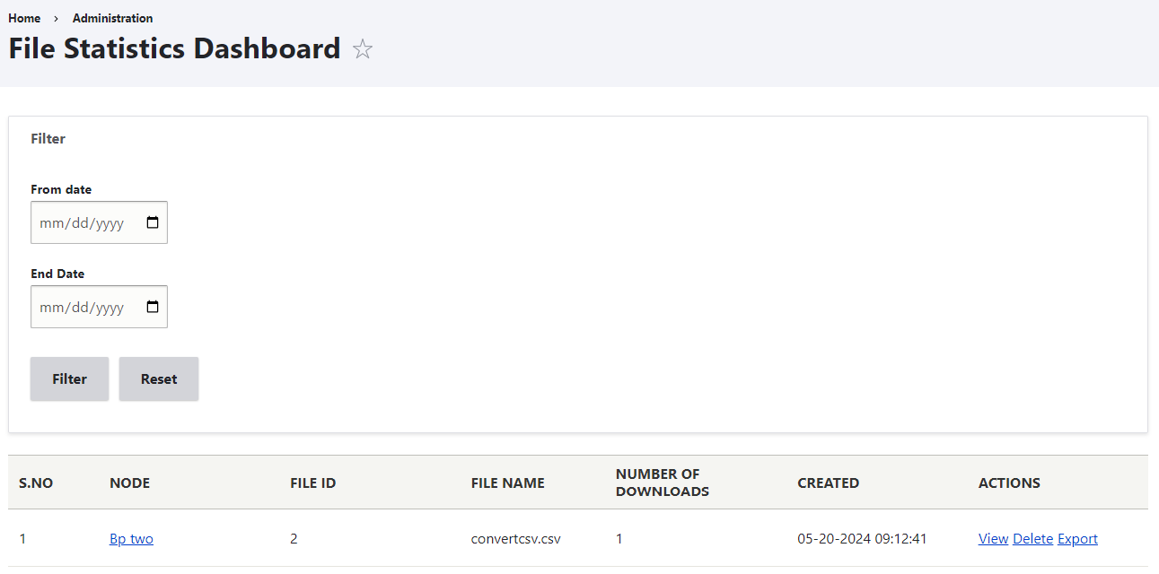 Private file download statistics and export the data dashboard