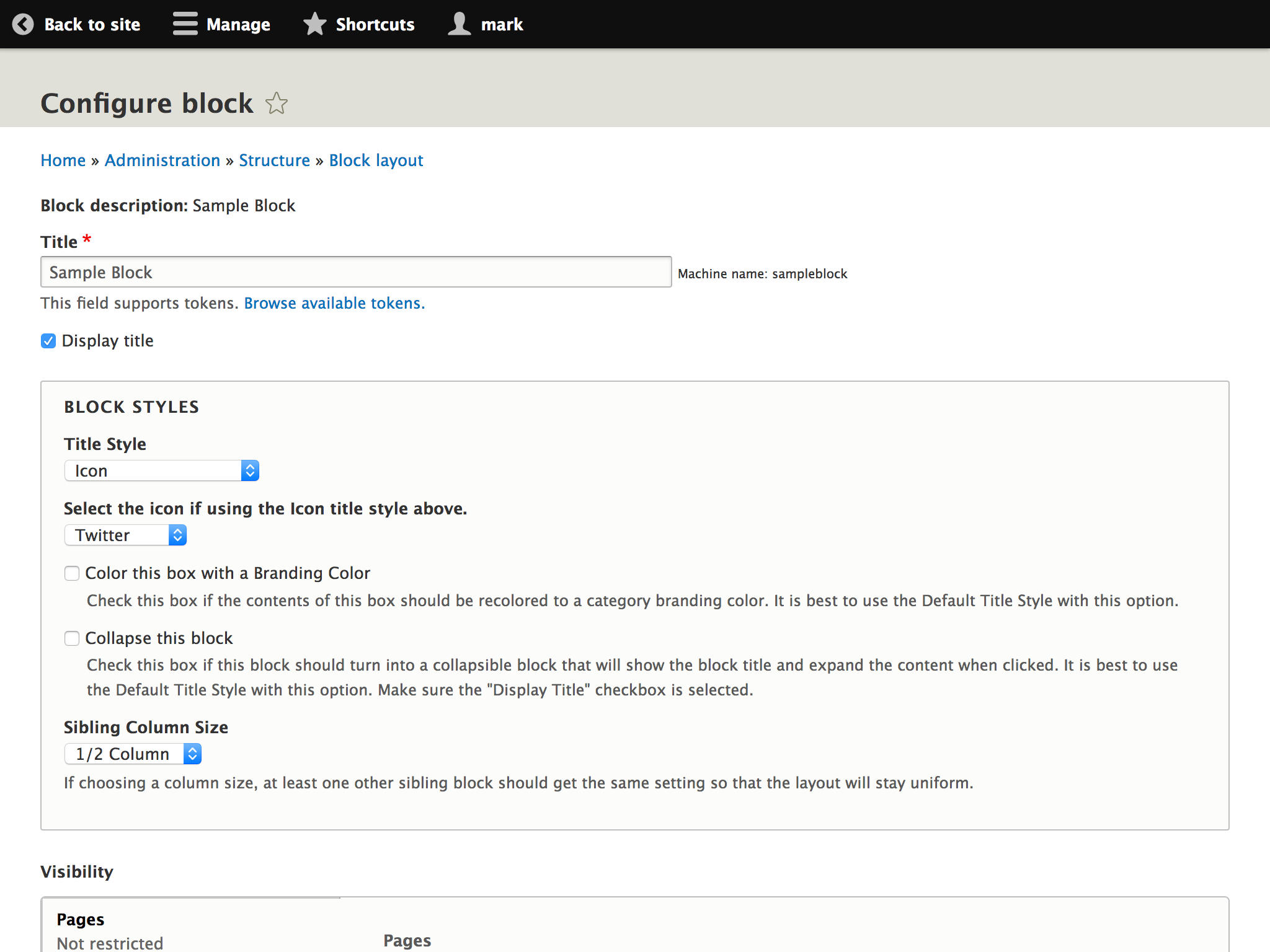 Block config settings form showing options for Block Style Plugins