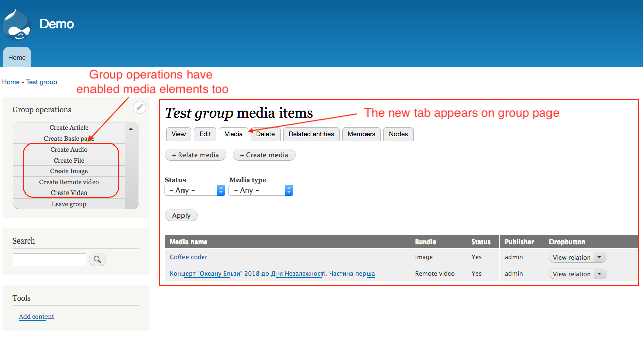 Media tab on Group page