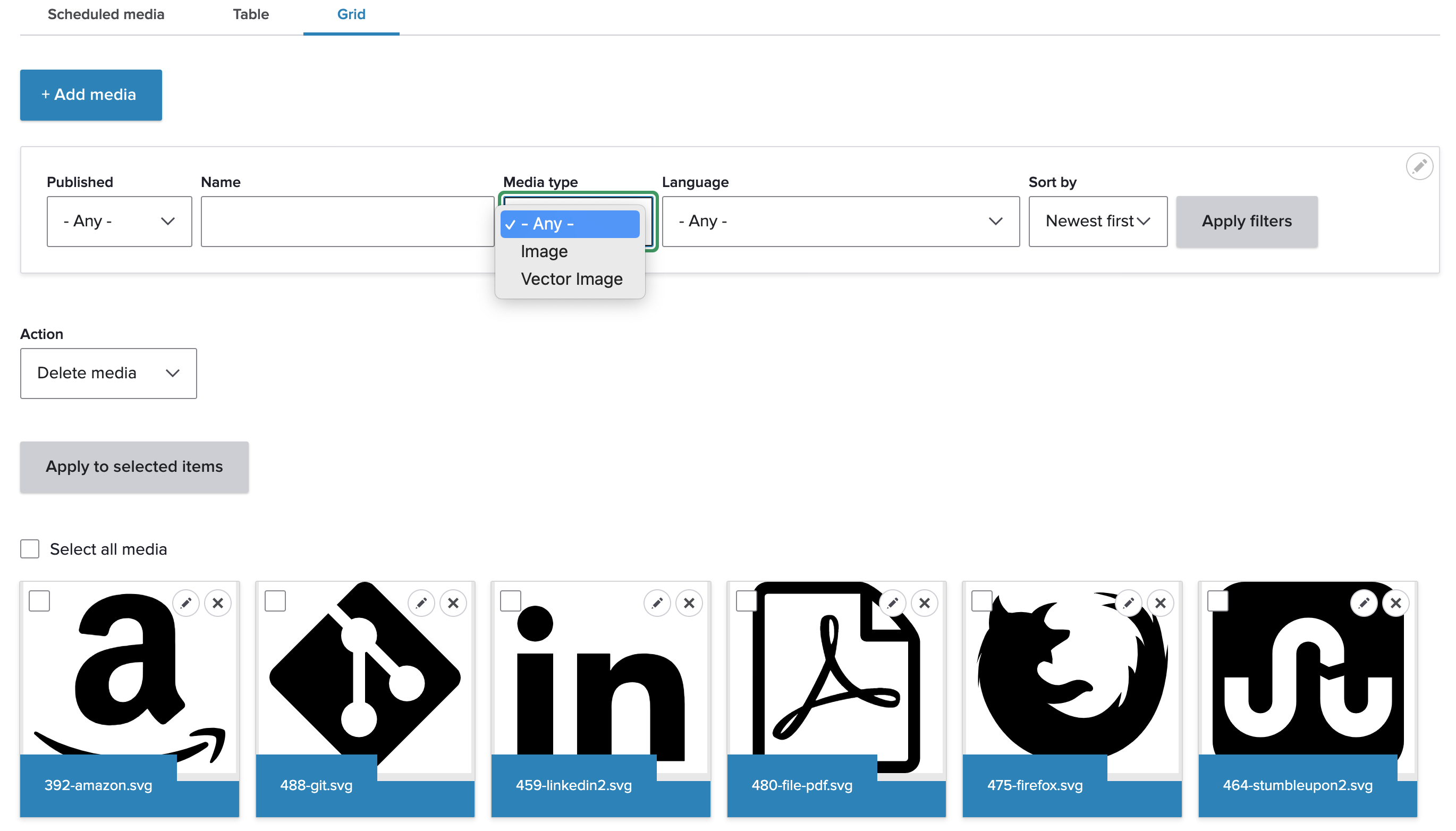 screenshot showing vector images being used in the Drupal core media library