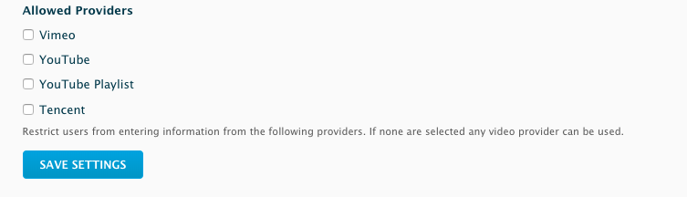 Allowed providers in video embed field settings