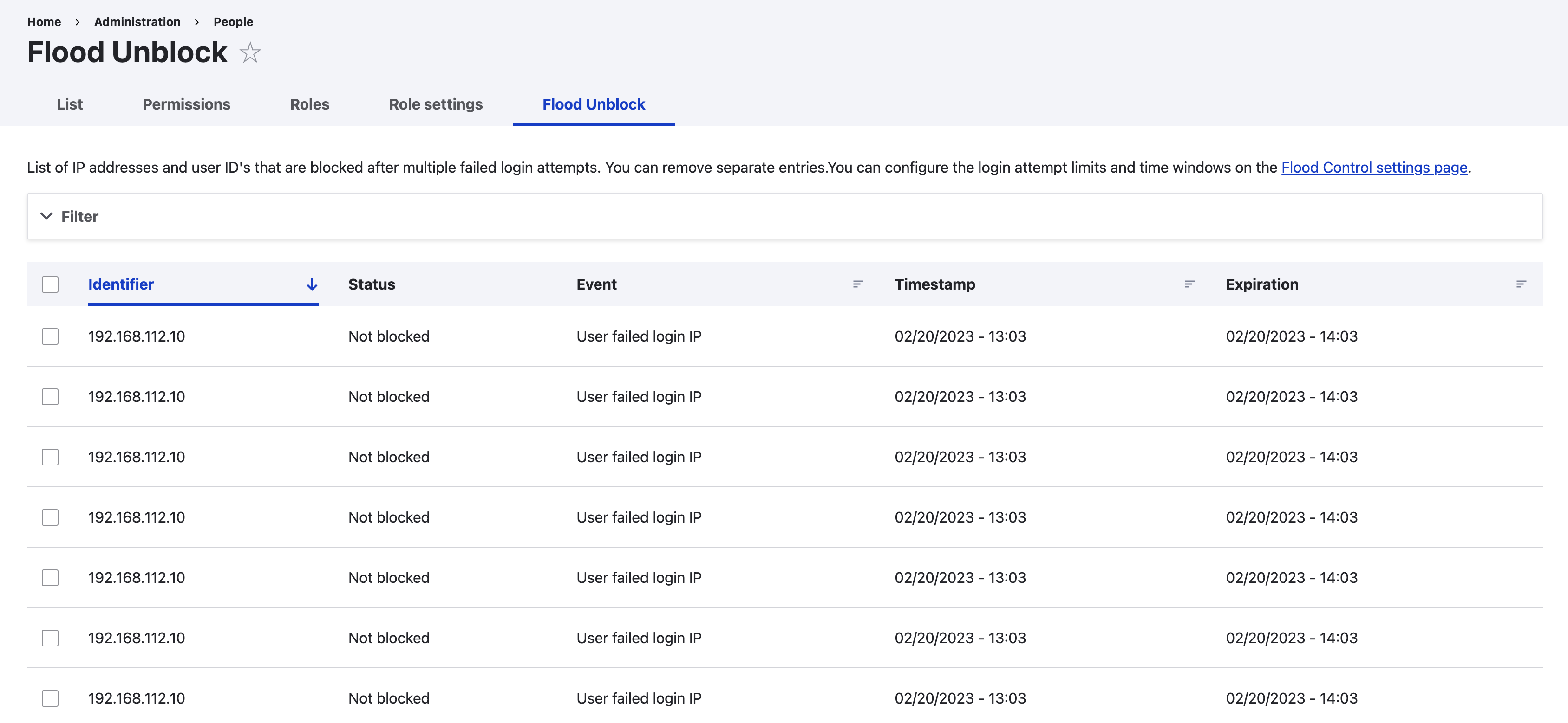 Flood unblock list