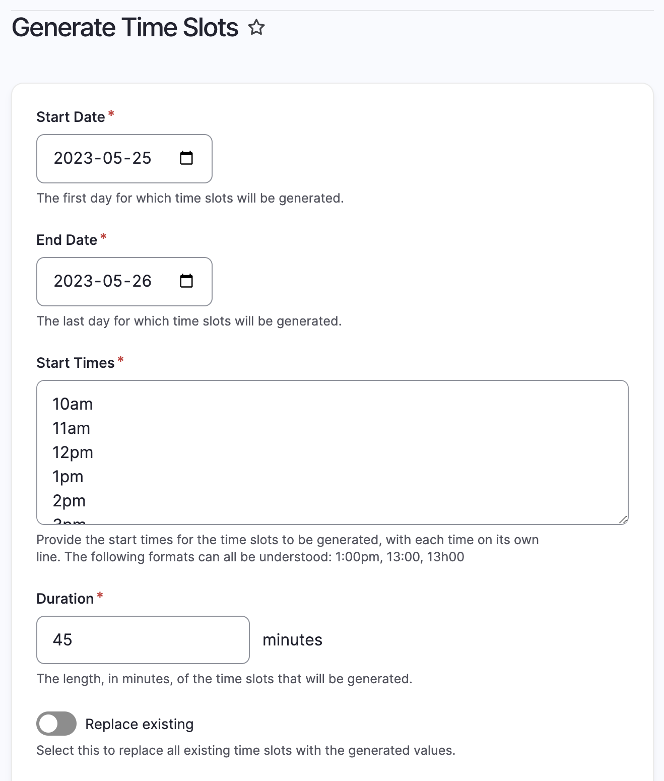 A form that allows multiple time slots to be created in a single step
