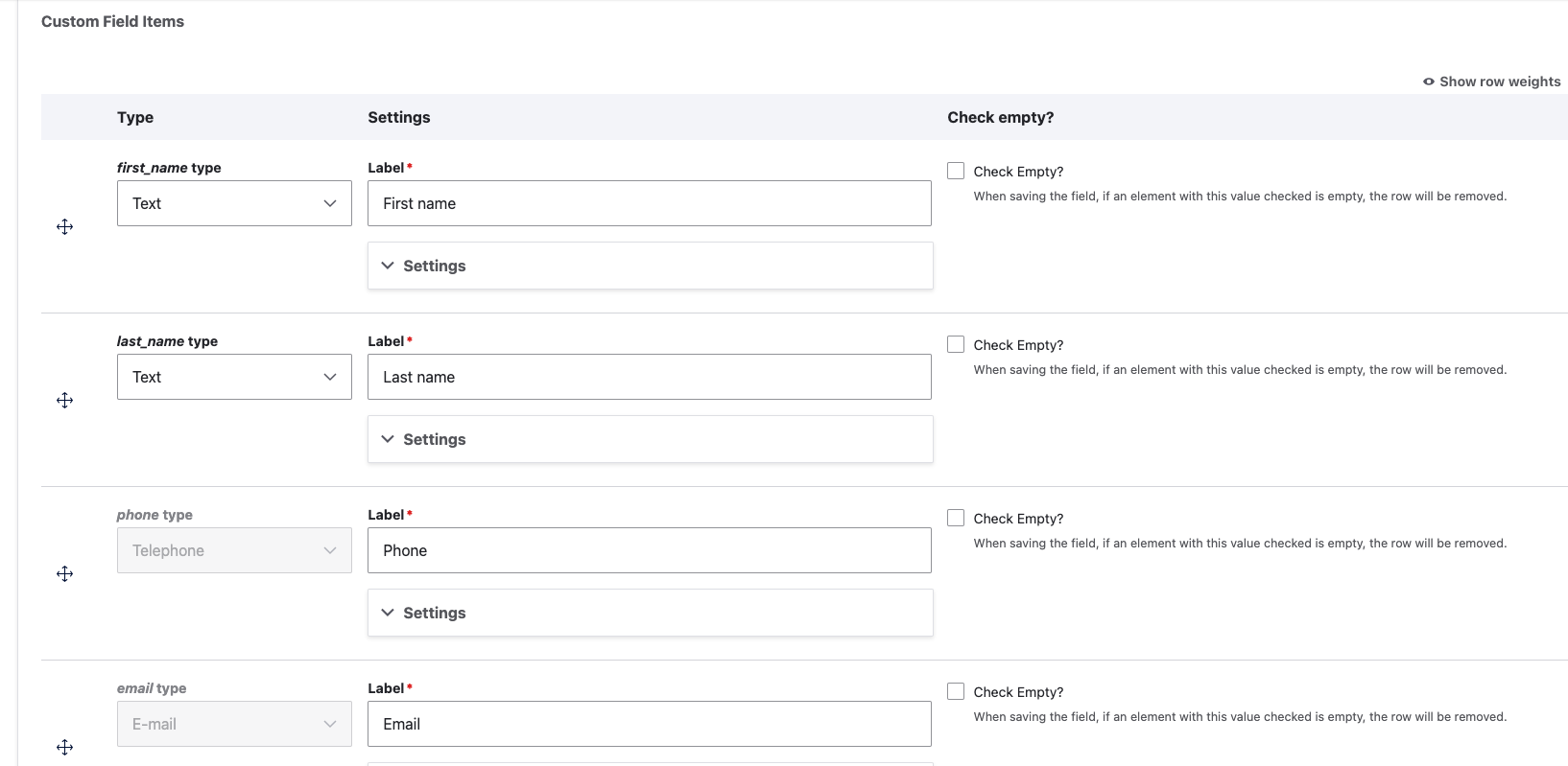 Example field settings form
