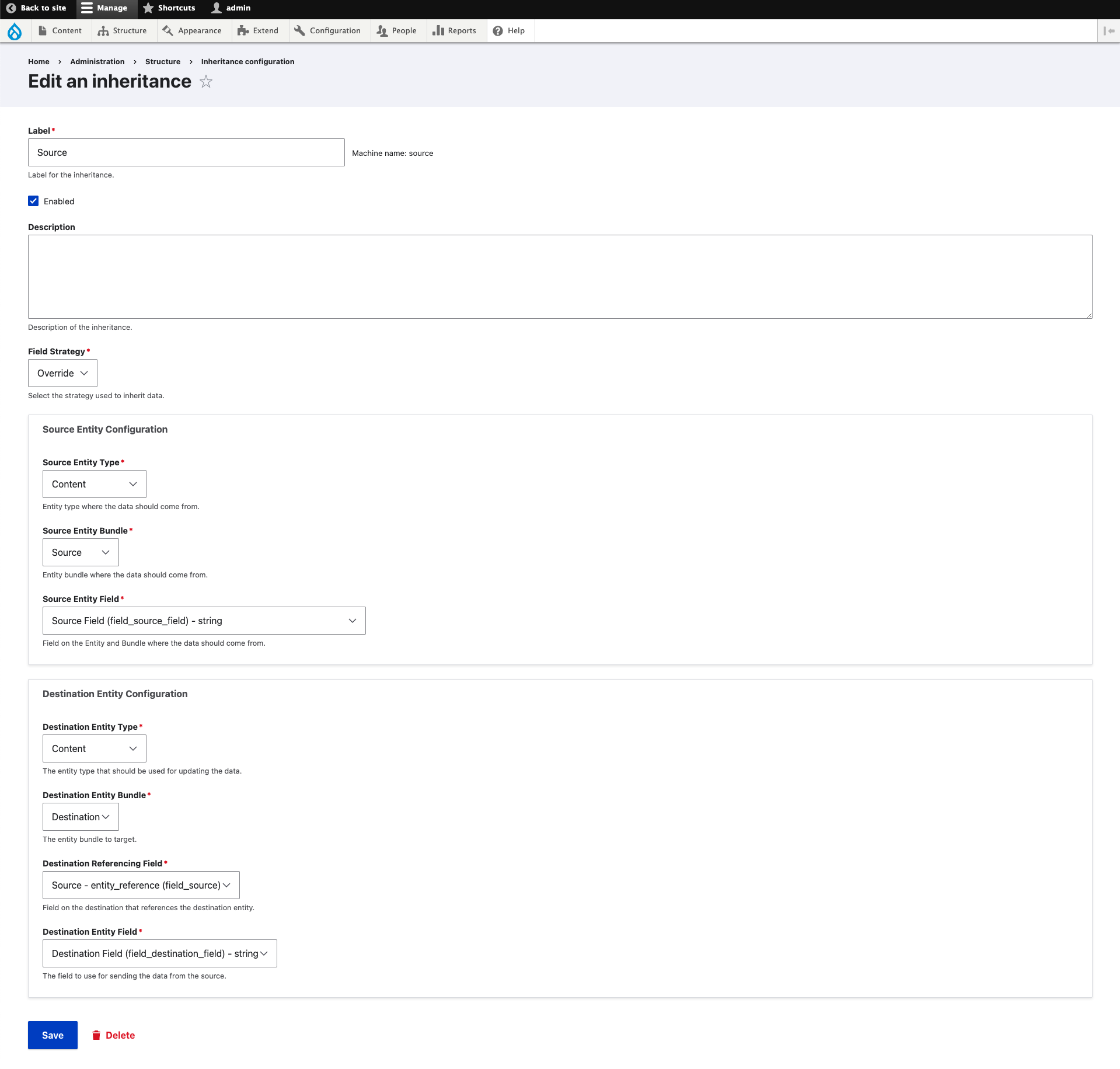 Inheritance Configuration Form