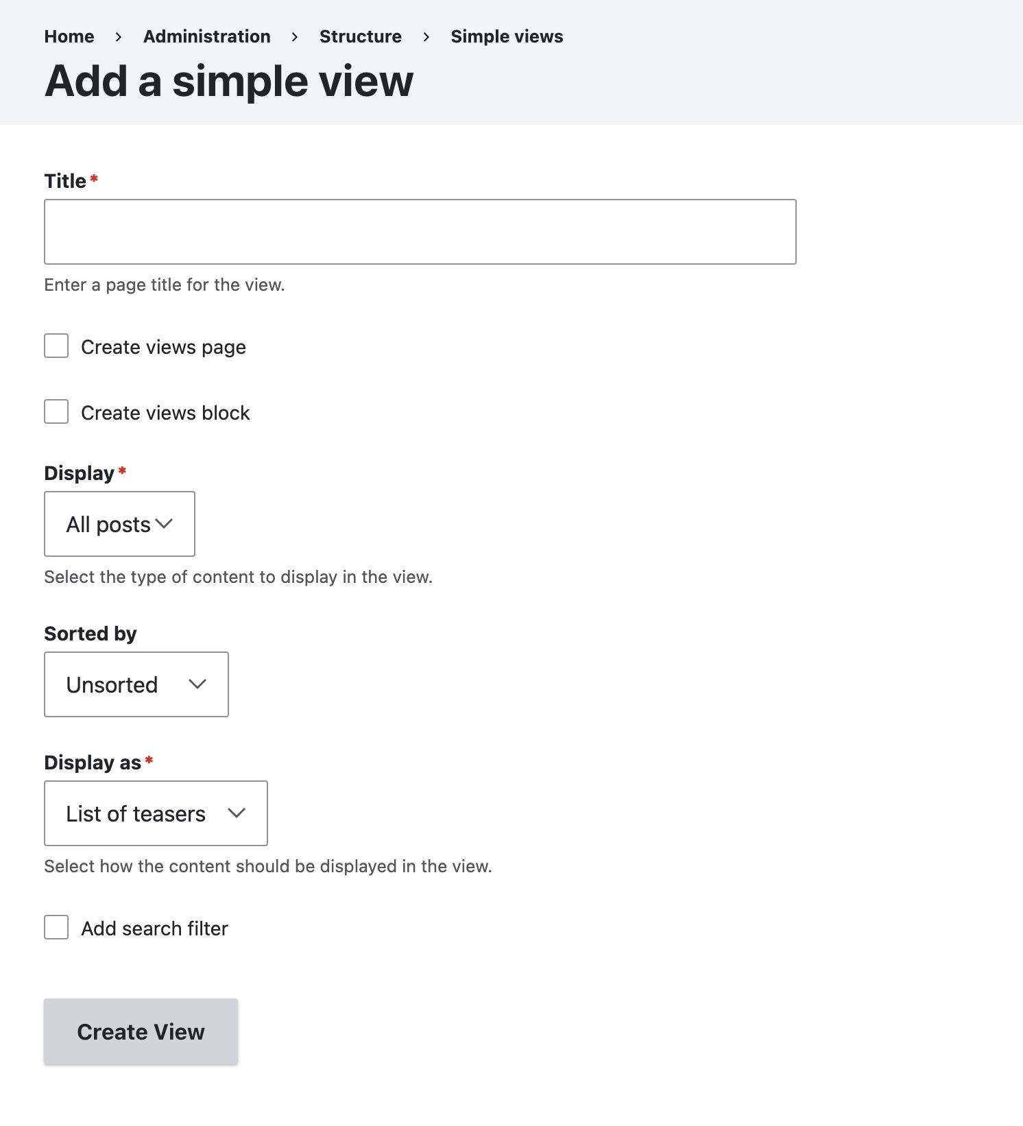 Simple Views admin screen