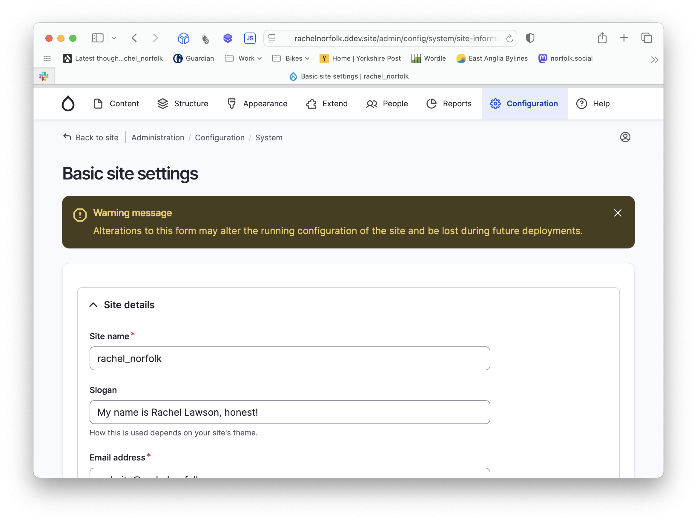 Screenshot of the site settings page with an example config warning displayed