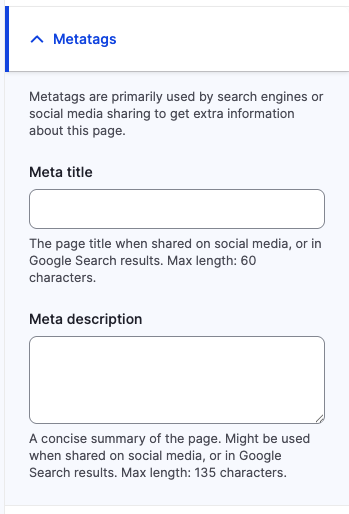 Simplified metatag form showing only title, description and custom help text.