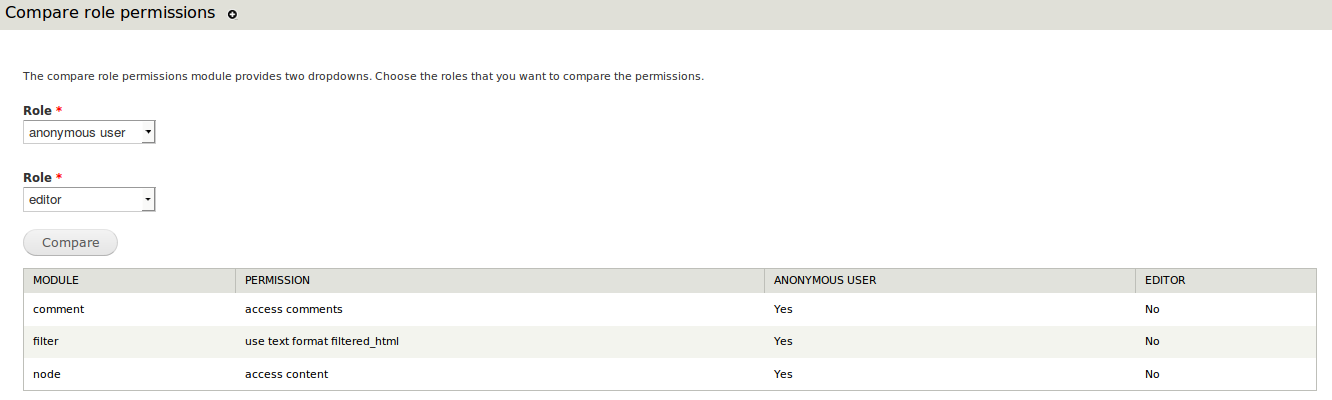 Compare role permissions Screen