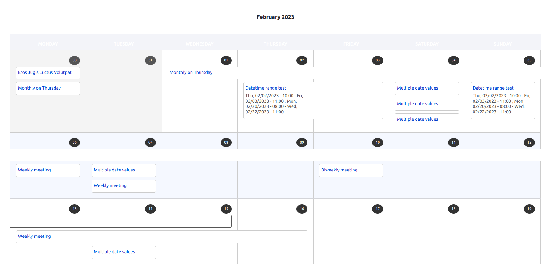 Example of a calendar view with complex dates and overlapping on same days.