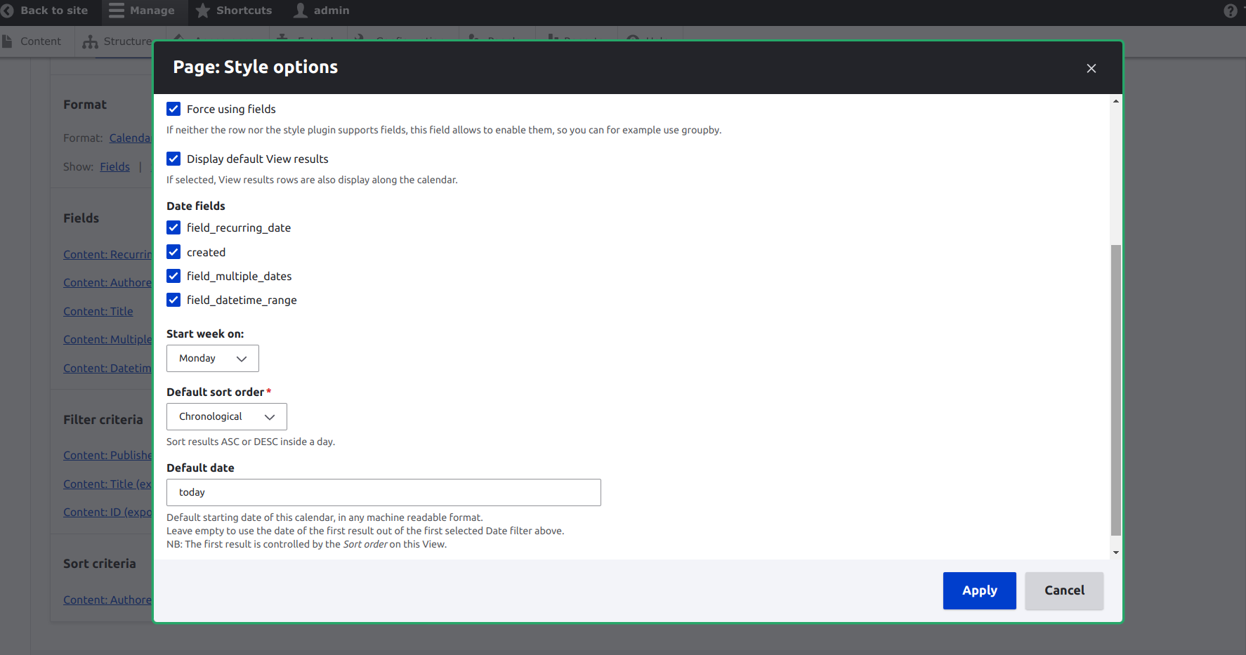 Screenshot of the configuration page of a Calendar View.