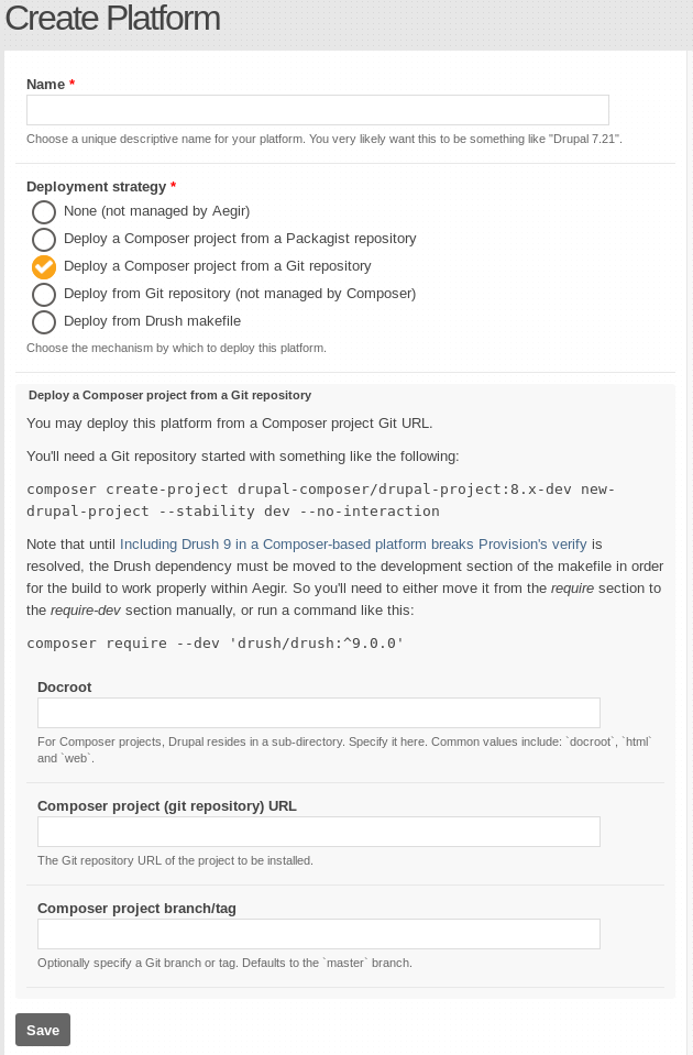 Platform creation form: Deploy a Composer project from a Git repository