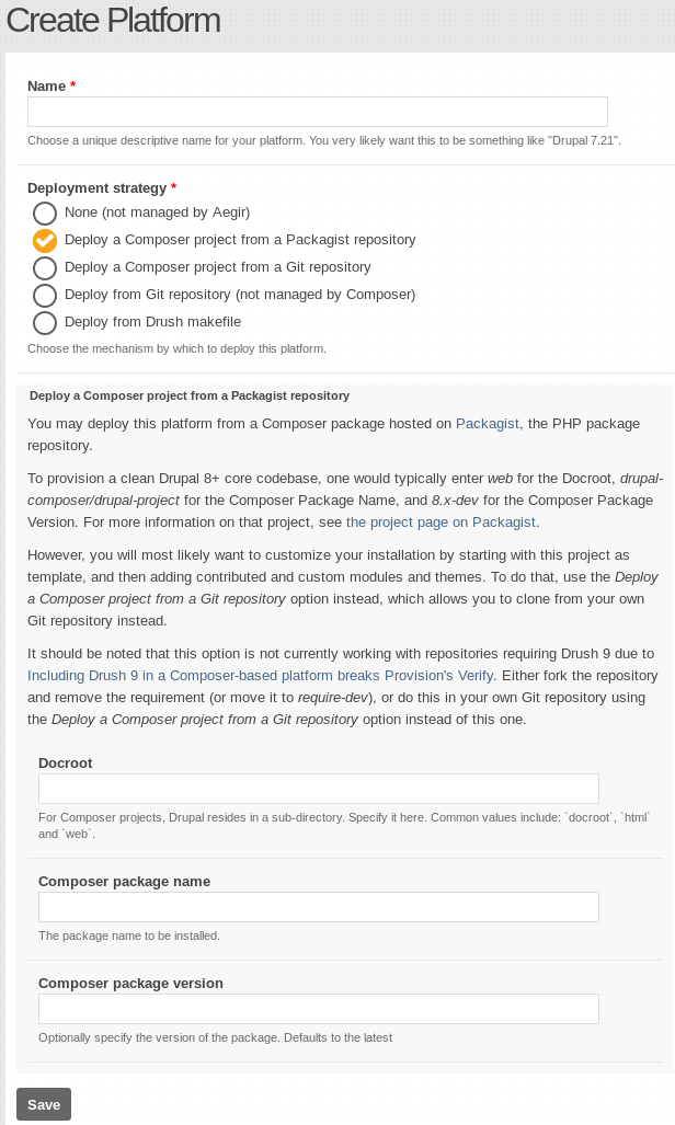 Platform creation form: Deploy a Composer project from a Packagist repository