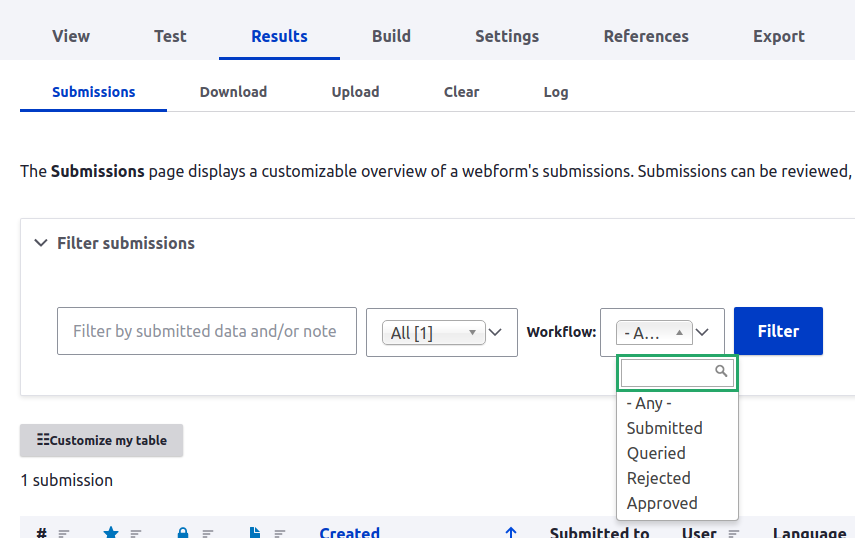 Results can be filtered by the workflow states