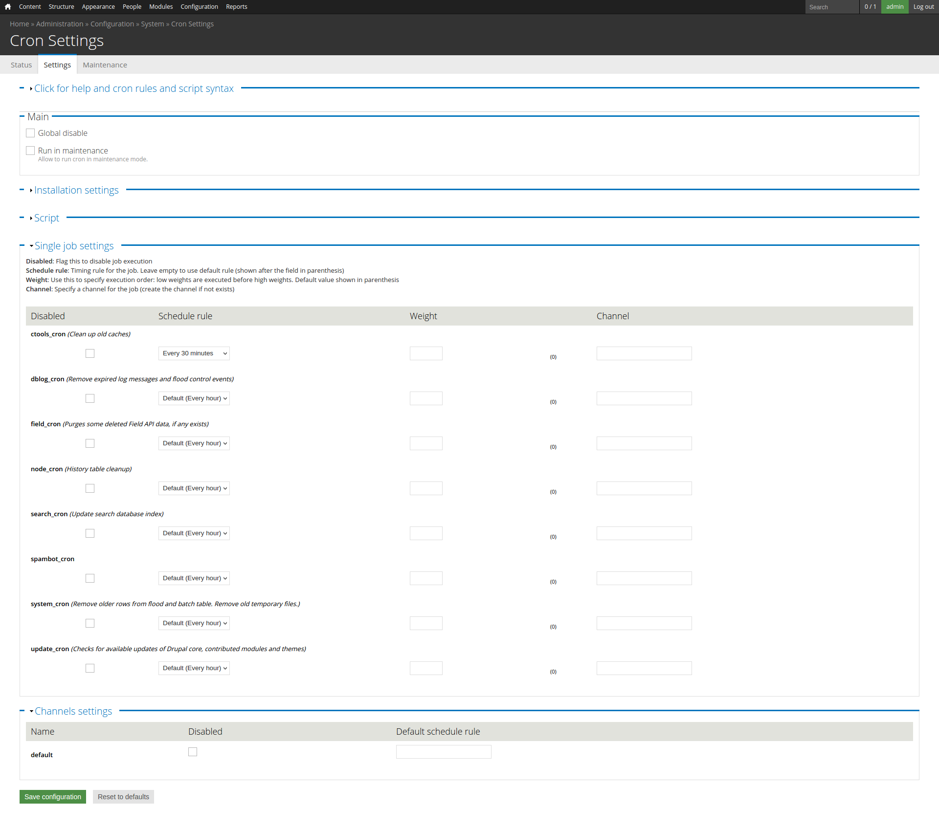 Elysia Cron settings page