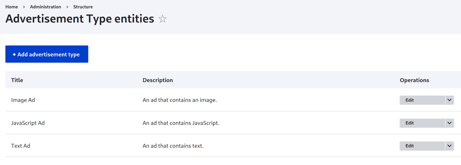 Advertisement types configuration list.