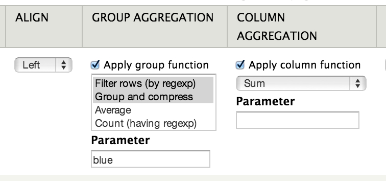 Screenshot of available aggregation functions