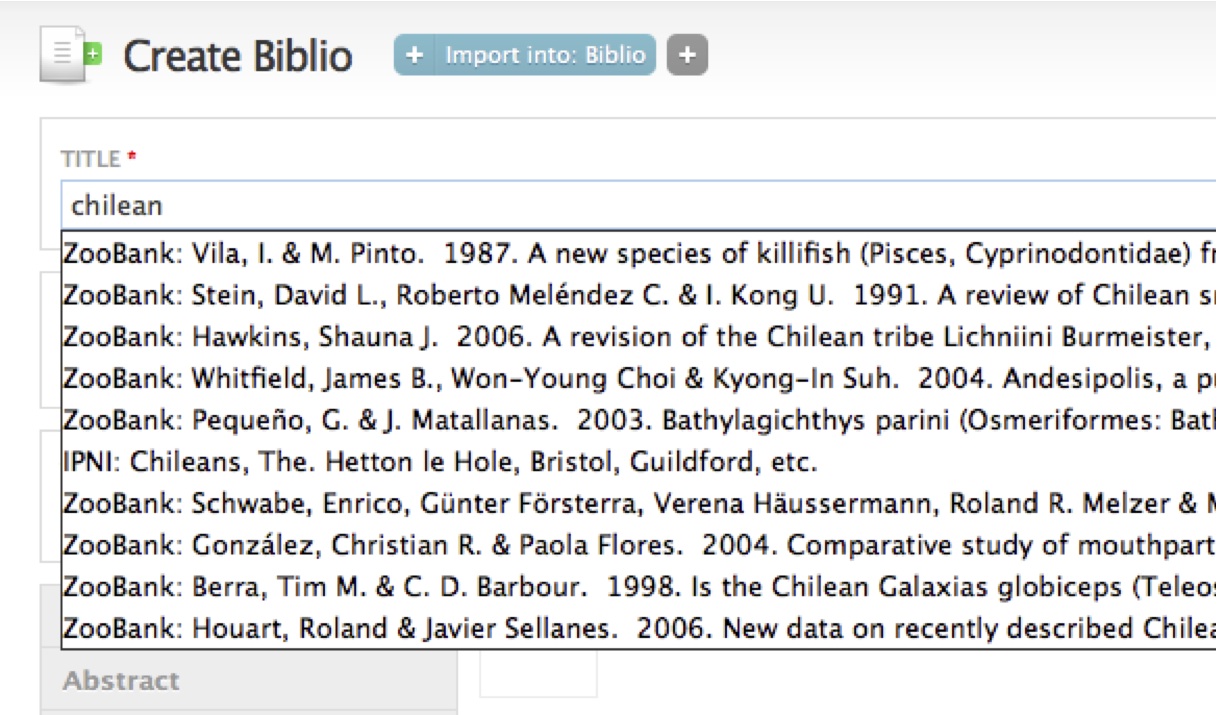 Autocompletion of biblio title field from ZooBank and IPNI