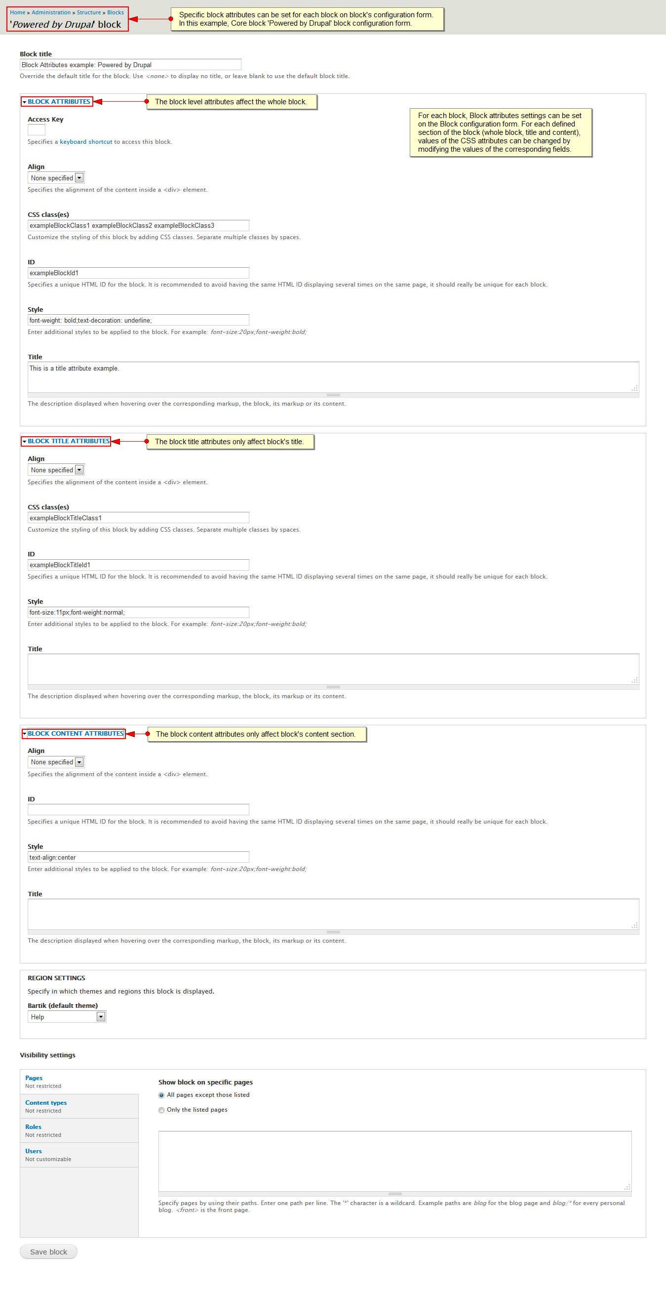 Screenshot of the Block Attributes configuration fields added by the module on the Block Configuration forms.