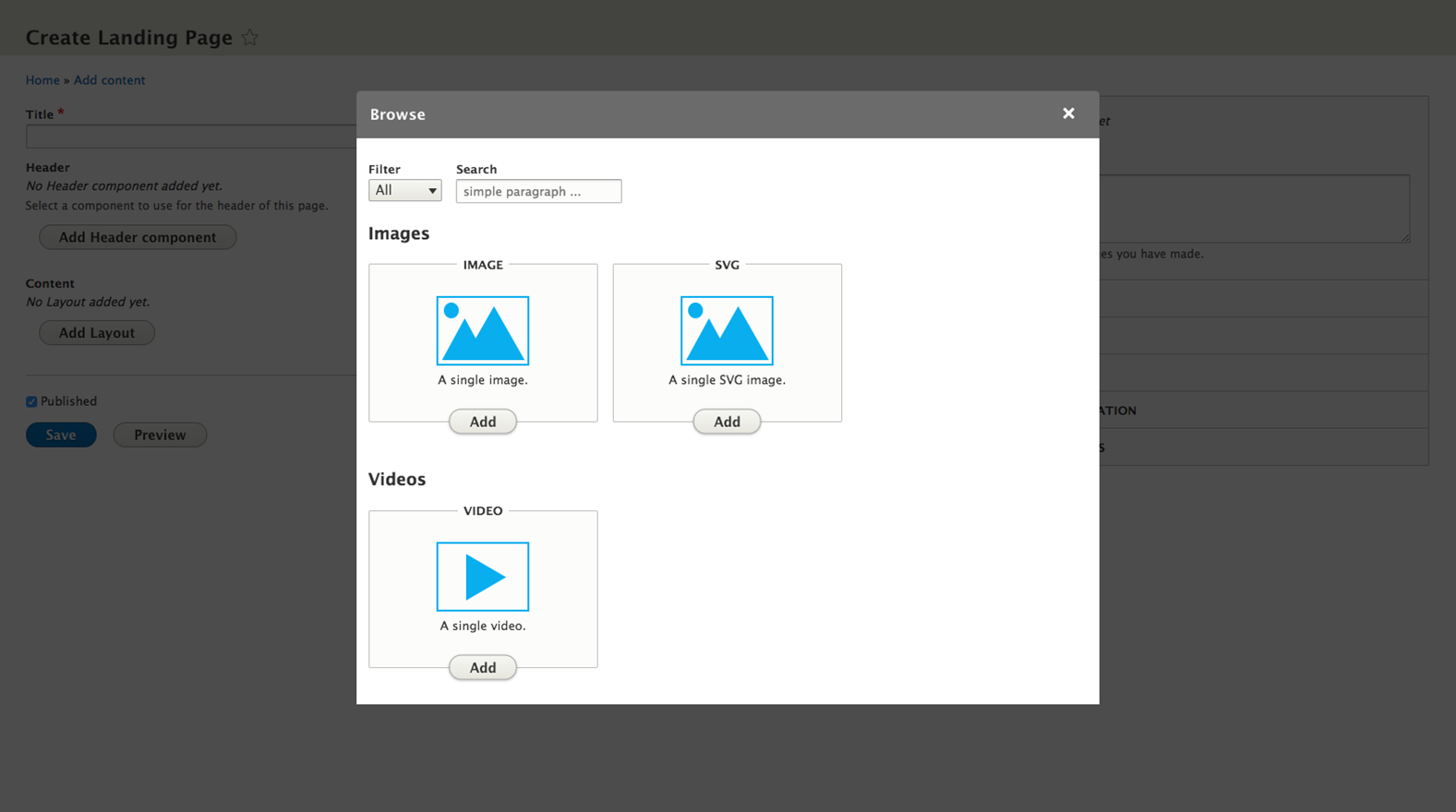 Display paragraph types in a modal organized into groups.