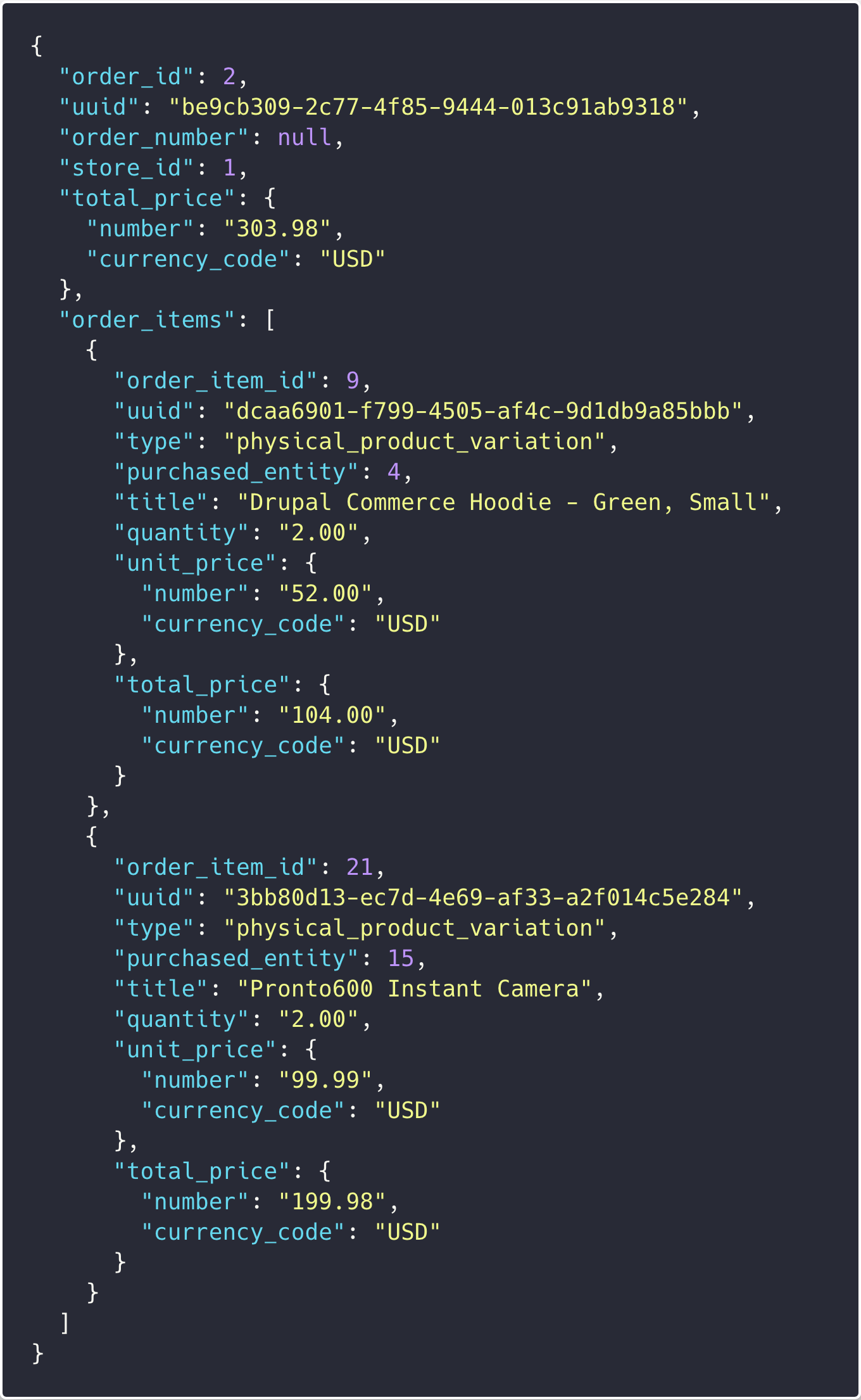 Cart API: order JSON response