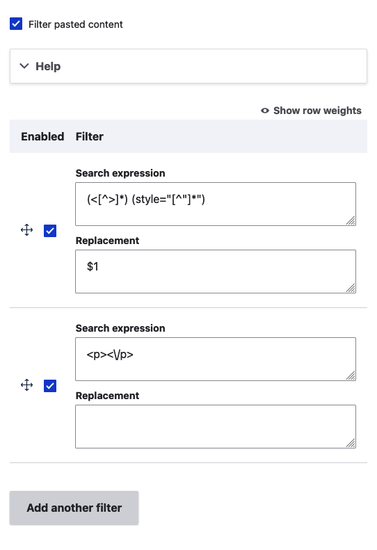 Screenshot of the configuration form for the CKEditor 5 Paste Filter module, showing the plugin enabled with two configured filters