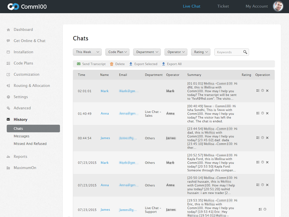 Comm100 Live Chat History