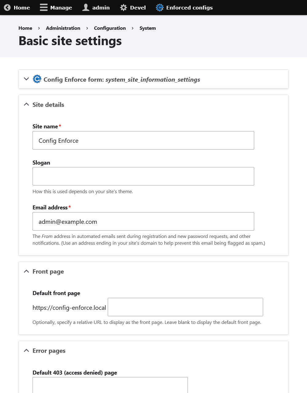 The "Basic site settings" form with the Config Enforce Devel details element at the top.