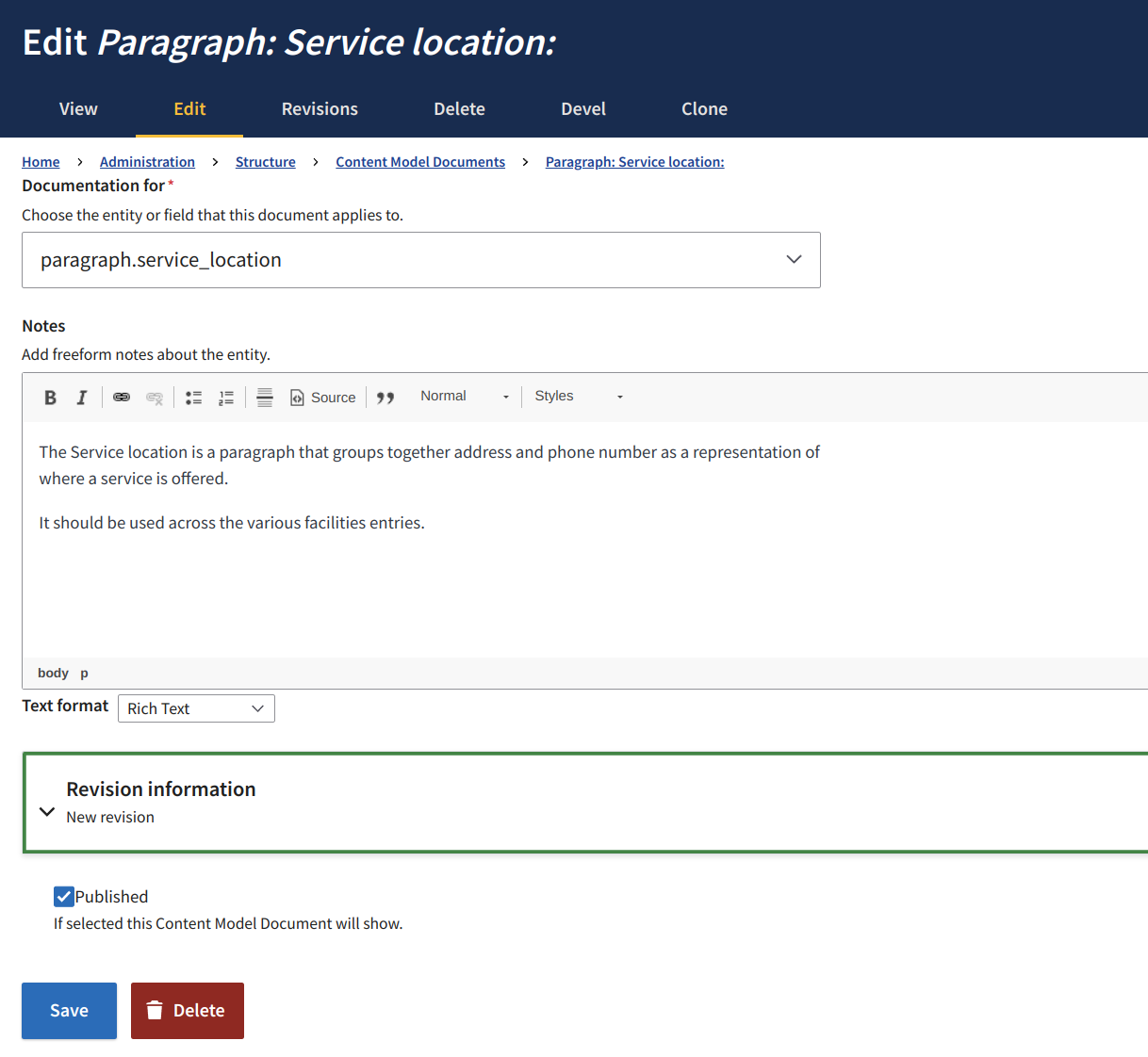 Sample screenshot of a content model document with the default fields. 