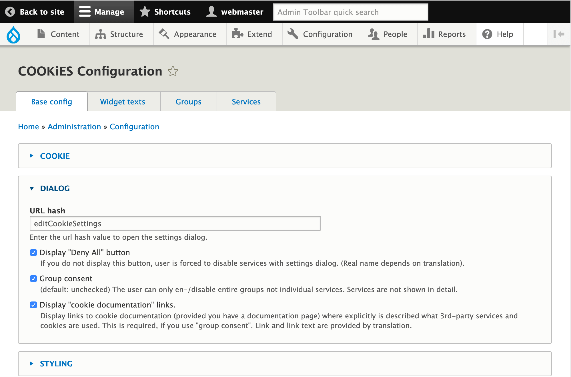 Cookies configuration