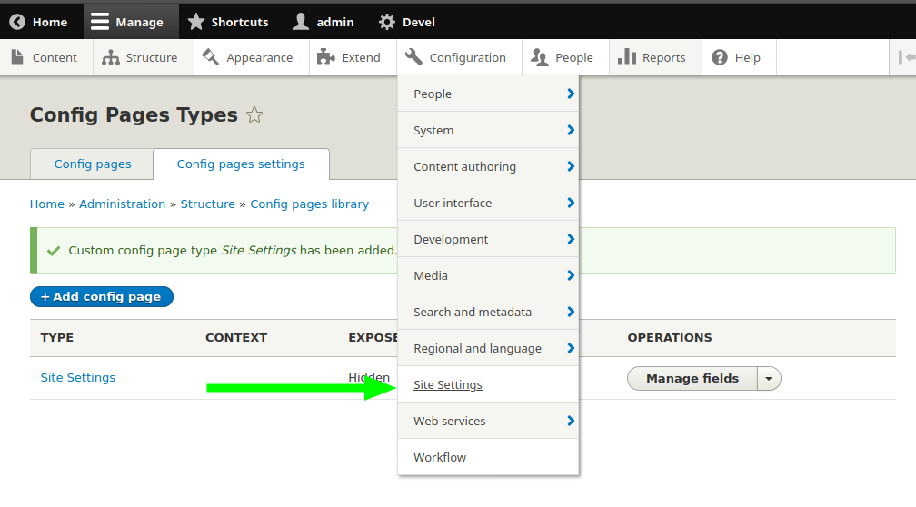 Configure and access created config page