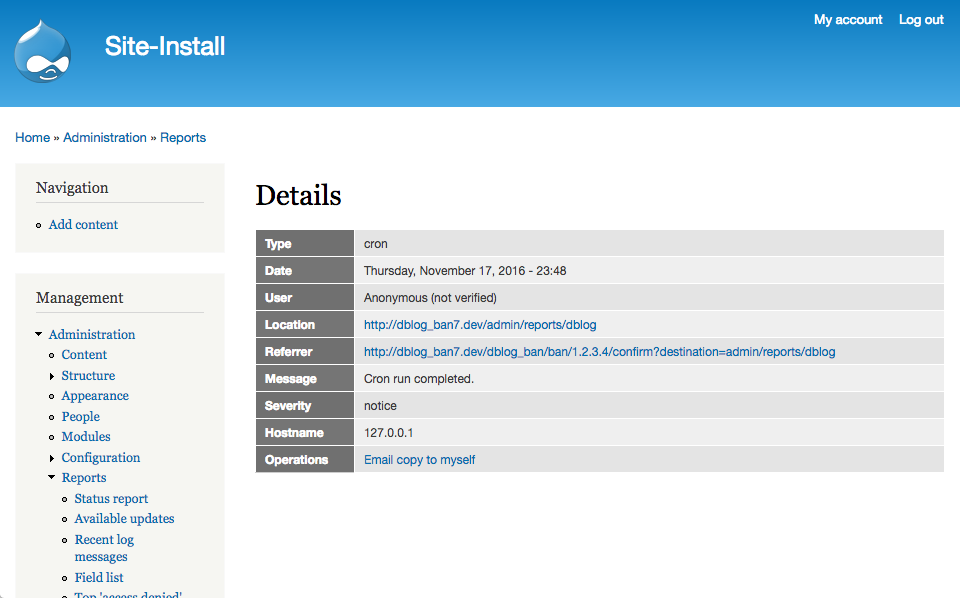 A screenshot of the Drupal 7 [log message] Details screen showing an "Email a copy to myself" link in the Operations row.